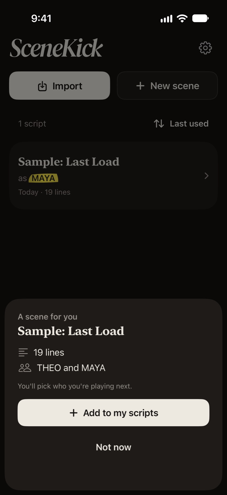 What your scene partner sees when they open a scene you sent: Last Load, 19 lines, Theo and Maya, with Add to my scripts.