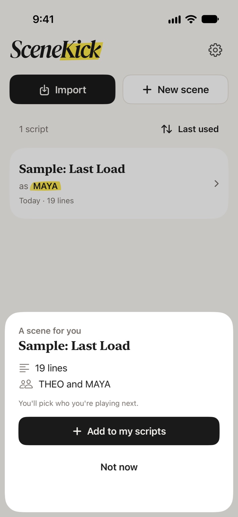 What your scene partner sees when they open a scene you sent: Last Load, 19 lines, Theo and Maya, with Add to my scripts.